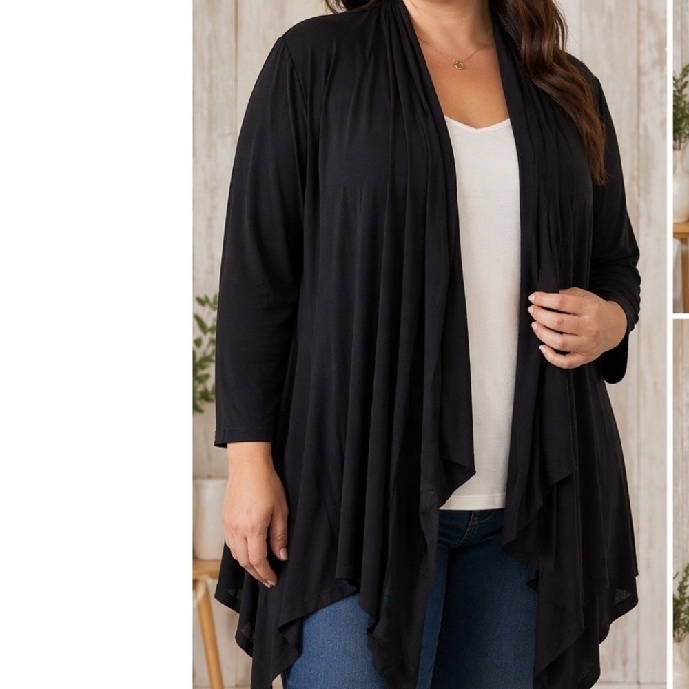 One World Womens 1X Black‎ Ruffle Back Waterfall Open Front Cardigan 9800023337